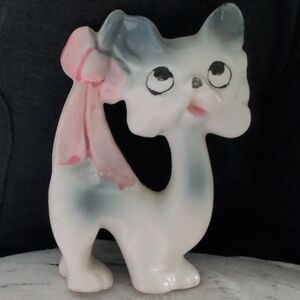 Cute Vintage Ceramic Dog Figurine with Pink Bow Made In Japan